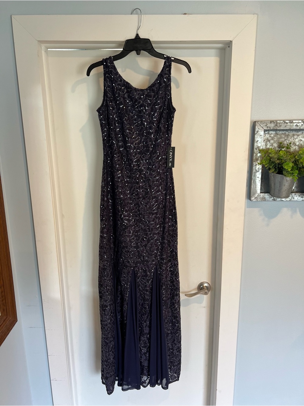 Onyx Nite Navy Beaded Sleeveless Maxi Gown